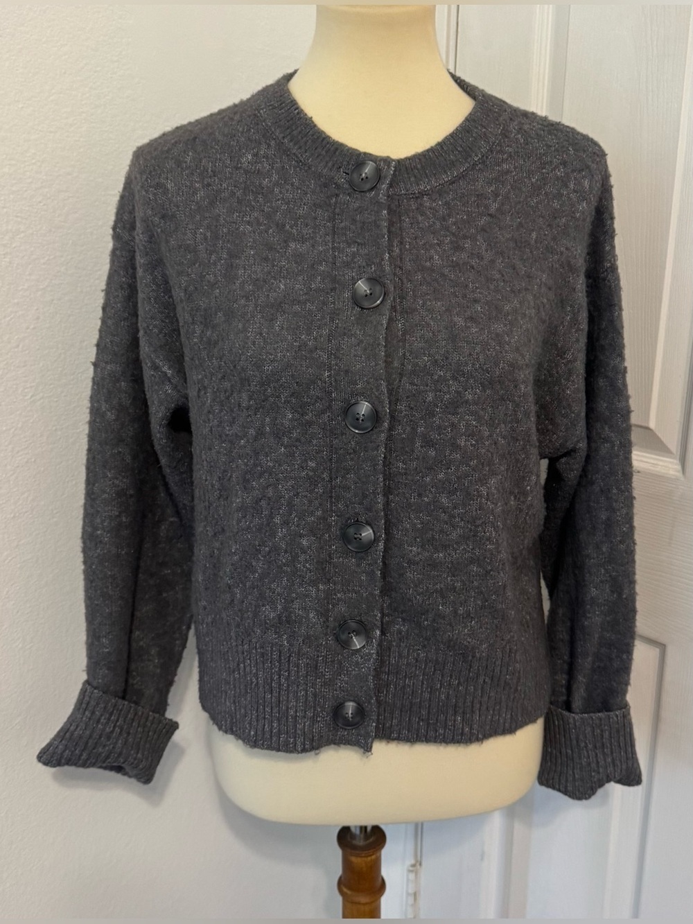 Christian Lacroix Gray Wool Blend Fuzzy Knit Cardigan Sweater Button Front Large